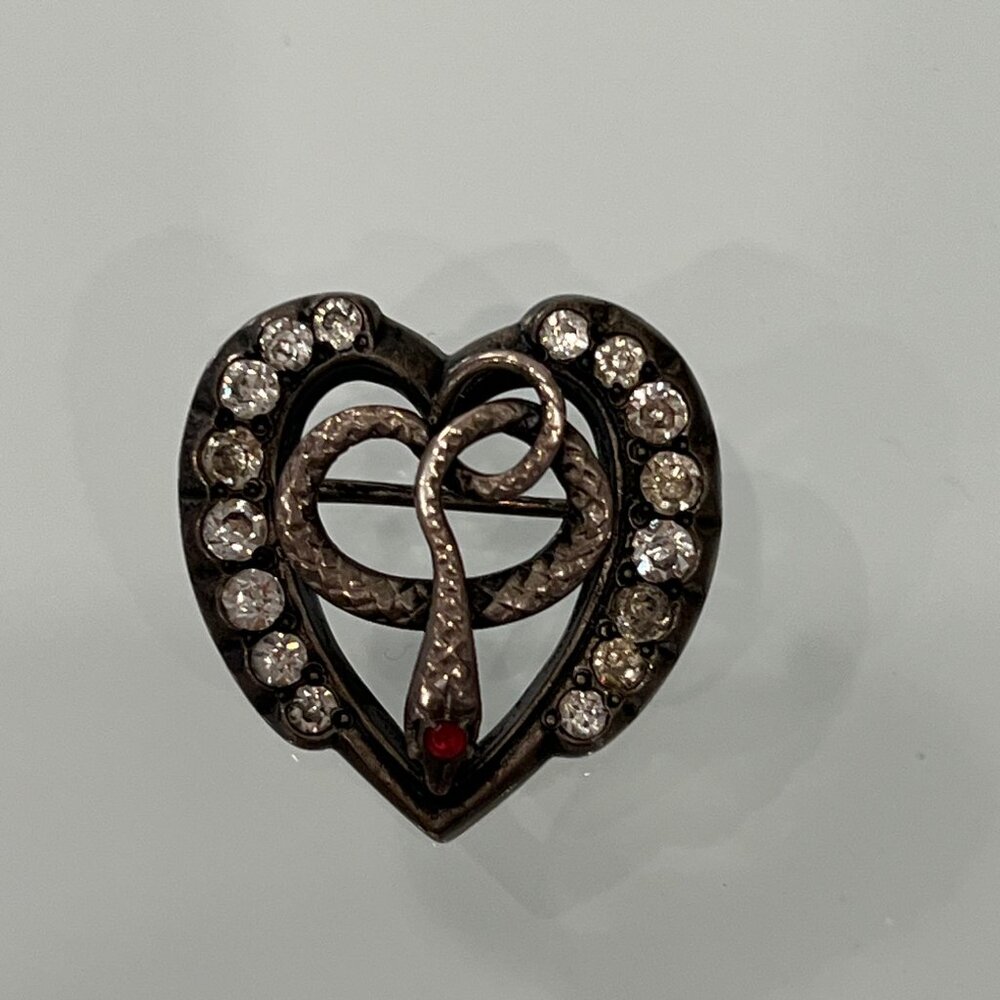 Vintage Sterling Snake in heart pin